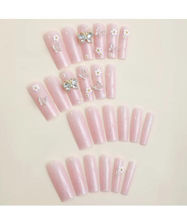 Buy BABALAL Square Press on Nails - Long Pink Glue on 3D Butterfly Flower Charm Acrylic Nails - 24Pcs Glitter Squoval Manicure for Women & Girls - Buy Online on GoSupps.com