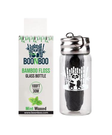 Boonboo Dental Floss | 100FT/30M Bamboo Woven Fiber | Mint Flavor | Refillable Glass Bottle Dispenser & Cutting Lid | Teeth Flosser with Holder | Biodegradable & Sustainable (Mint)