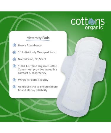 Cottons Maternity Pads with Wings - 10 Individually Wrapped, Organic, Unscented, Chlorine-Free - Heavy Absorbency | Single Pack - Buy Online on GoSupps.com