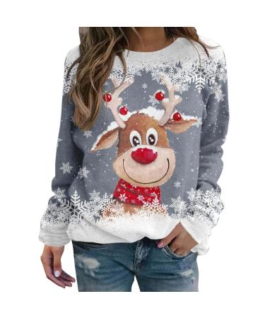 Genetic women Christmas sweater sweatshirt Christmas 3d snowman print top sweater casual long -sleeved basic sweater round -necked shirt fashion autumn and winter breathable Christmas sweater gray s