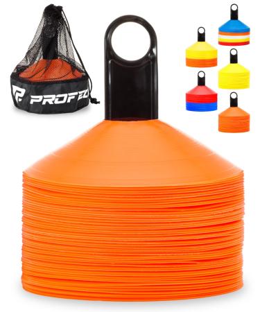 Pro Disc Cones (Set of 50) - Agility Soccer Cones with Carry Bag and Holder for Sports Training, Football, Basketball, Coaching, Practice Equipment, Kids - Includes 15 Best Cone Drills Book Bright Orange