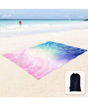 Sunlit Silky Soft 106"x81" Boho Sand Proof Beach Blanket Sand Proof Mat with Corner Pockets and Mesh Bag for Beach Party, Travel, Camping and Outdoor Music Festival, Blue and Pink Mandala Blue Pink 106"x81"