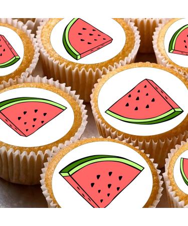 24 edible Watermelon childrens party decorations Iced/Icing Cupcake Topper Edible Fairy Cake Bun Toppers Round