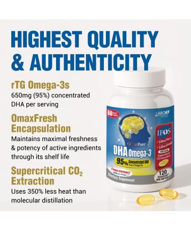 LABO Nutrition OmaxPure DHA Omega 3 Fish Oil | IFOS Certified High Strength rTG Omega 3 Fatty Acids Supplement with DHA & EPA - for Brain, Eye Prenatal Support | 120 Mini Softgels, 60 Servings - Buy Online on GoSupps.com