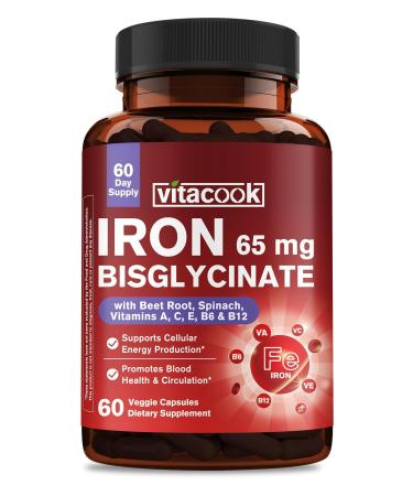 Iron Supplement for Women & Men, 65mg Ferrous Bisglycinate Chelate, Slow Release Iron with Vitamins A C E B6, B12, Folate, Organic Spinach & Beet Root Powder, for Blood Flow & Energy Support, 60 Caps 60 Count (Pack of 1)