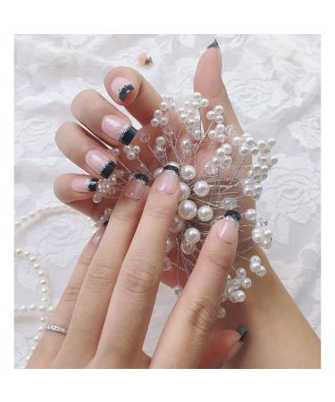 Shop French Fake Nail Set - Nude Nails with Black & Glitter | Medium Long Artificial Nails for Daily Wear - Buy Online on GoSupps.com