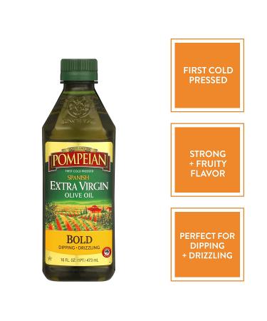 Pompeian Spanish Bold Extra Virgin Olive Oil 16 Fl Oz - First Cold Pressed with Strong Fruity Flavor - Ideal for Dipping and Drizzling - Buy Online on GoSupps.com