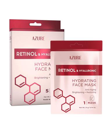 AZURE Retinol & Hyaluronic Acid Anti Aging Facial Mask - Rejuvenating & Hydrating Face Mask - Helps Reduce Fine Lines & Wrinkles, Smooths & Repairs - Skin Care Made in Korea - 5 Pack