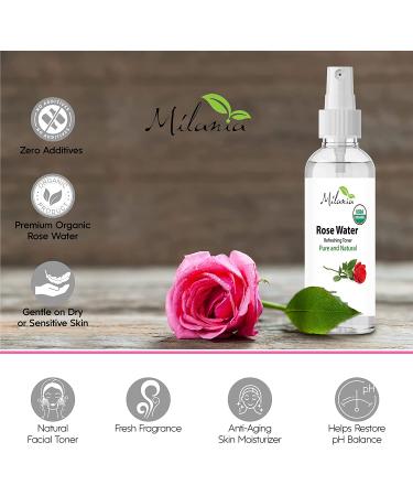 Milania Organic Rose Water Spray for Face and Hair - 4 oz | Natural Facial Toner, Pore Minimizer, Redness Reducer | Revitalizing Mist for Nourished, Moisturized, Hydrated Skin - Buy Online on GoSupps.com