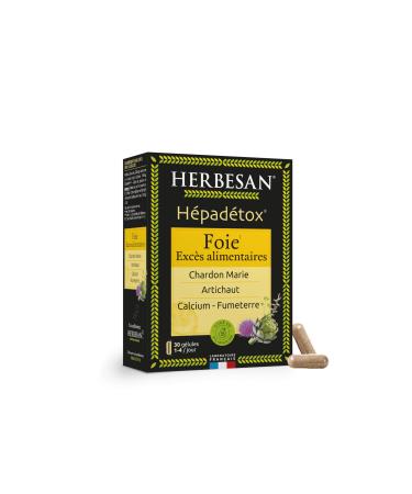 HERBESAN - HEPADETOX - Liver well-being Excess food - Sylimarin titles: 42 mg - Complex of 3 plants Calcium and Choline Chloride - 30 capsules
