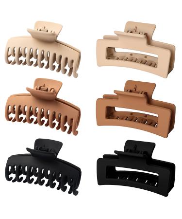 Vsiopy 6 Pack Medium Large Claw Clip for Thin Hair 3.5 Inch Hair Jaw Clips for Thick Hair Double Row Hair Clips for Women & Girls Strong Hold Matte Hair Claw Clips Black Beige Brown