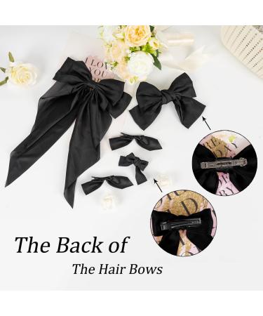 Black Hair Bow Set - 5 Oversized Satin Ribbon Hair Clips for Women and Girls | French Barrettes Hair Accessories Gift - Buy Online on GoSupps.com