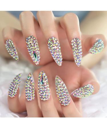 3D Rhinestone Art Deco False Nails Acrylic Shiny Diamond Long Almond Gem  Gorgeous Sophisticated Party Show Gig Fake Nails 24 pcs/kit FULL STONES  24NAILS