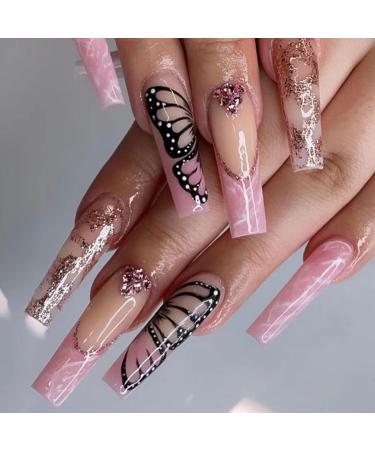 Justotry 24 pieces press on nails long pink ballerina artificial nails with butterfly design acrylic artificial nails to stick on French fake nails fingernails for women nail art long black & peach - Buy Online on GoSupps.com