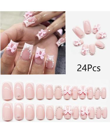 Shop Pink French Tip Press on Nails - Short Medium Square Full Cover with Pearl Bow Designs - 24 Pcs for Women & Girls - Buy Online on GoSupps.com