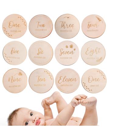 Abnaok Baby Monthly Milestone Cards 12 Pieces Wooden Baby Milestone Cards Double Sided Milestone Discs Baby Gift Sets for Newborn Infants 0-12 Months Baby Shower Growth Recording