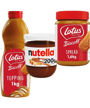 Breakfast and Dessert Bundle Includes Biscoff Topping Sauce (1kg) Biscoff Spread (1.6kg) and Nutella Hazelnut Chocolate Spread (200g) with Go2 Groceries Recipe Cards Biscoff Topping Sauce Biscoff Spread & Nutella - Buy Online on GoSupps.com