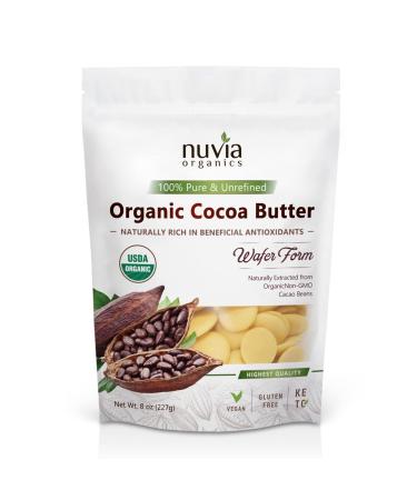 Nuvia Organics Cocoa Butter - 100% USDA Certified Organic, Wafer Form, Non-GMO, Unrefined, Gluten-Free, Food Grade, Edible, Keto, Vegan 8oz