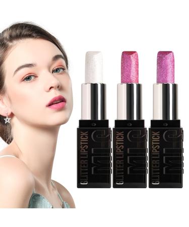 Krmoau Glitter Lipstick | 3 Lipsticks with Luminous Finishes - Fashionable Lipstick - for Valentine's Day Women Girls Parties Travel Office Home and Everyday Wear