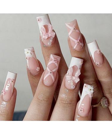 24pcs Bow Premium Coffin Fake Nail Pink 3D Press on Nails Summer Floral Nails Luxurious Nails Acrylic Nails Fake Nails For Women Girls