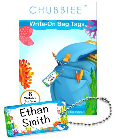 Child ID Bag Tags Write-On Kids Name Tags for Backpack Lunchbox & Diaper Bag Great for Preschool & Daycare Pack of 6 (Blue Ocean)