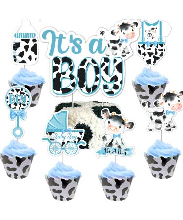 Cow Baby Shower Decorations for Boy - 25pcs Holy Cow Its a Boy Cake Topper and Cupcake Toppers Blue Cow Print Baby Shower Cake Decorations for Farm Animal Barnyard Baby Shower Party Supplies