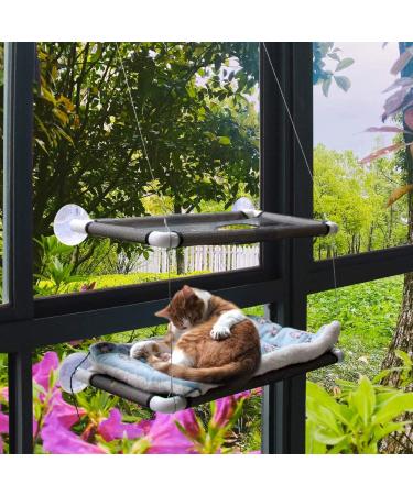 Cat Window Perch Deluxe Double Layer with Free Fleece Blanket & Toys | Large Cat Hammock for 55 lbs Cats | Space-Saving Sunbathing Bed - Buy Online on GoSupps.com