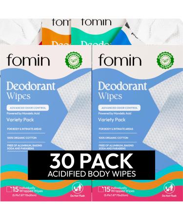 FOMIN Acidified Travel Deodorant Wipes For Women & Men - 30 Count - Variety Pack - pH Balanced Mini Deodorant Travel Size Wipes - Plastic-Free Individually Wrapped Underarm Body Wipes Variety Pack 15 Count (Pack of 2)