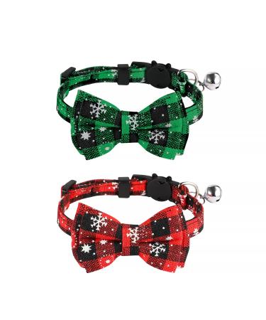JCSHIMO 2 Pack Christmas Cat Collar Breakaway with Cute Bow Tie Bell Red Green Buffalo Plaid Xmas Kitten Collar Adjustable for Kitty Cat