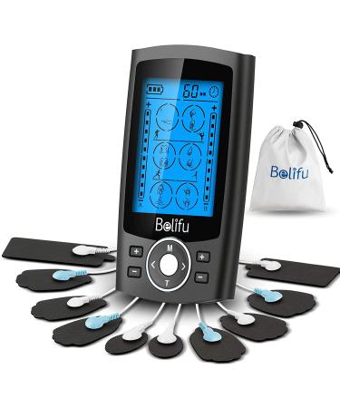 Belifu Dual Channel TENS EMS Unit 24 Modes Muscle Stimulator for Pain Relief Therapy, Electronic Pulse Massager Muscle Massager with 10 Pads, Dust-Proof Drawstring Storage Bag,Fastening Cable Ties Black