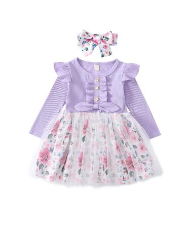 Haokaini Toddler Baby Girls Floral Dress Long Ruffle Sleeve Cotton Ribbed Bow Splicing Dress Princess Tutu Skirt Fall Clothes Set 2-3 Years Purple