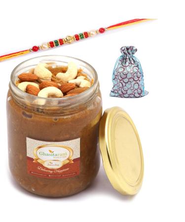 Ghasitaram Gifts Rakhi Gifts for Brothers Dryfruit Halwa in Potli with Pearl Beads Rakhi Dryfruit Halwa in Potli with Rakhi