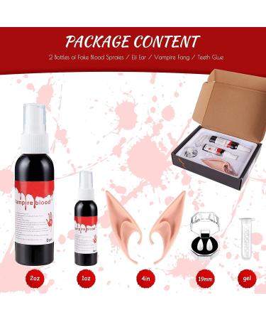 CAKKA Washable Fake Blood Spray 3oz - Halloween Costume Makeup Kit with Vampire Teeth, Fangs, Elf Ears - Blood Splatter for Clothes & Face Decoration - Buy Online on GoSupps.com