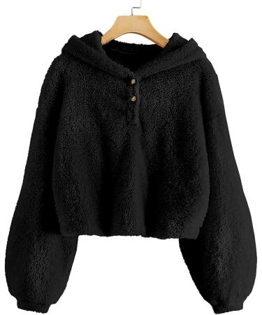 Girls' Floral Fleece Hoodie Jacket - Black, 9-10 Years | Cozy Button Down Top - Buy Online on GoSupps.com