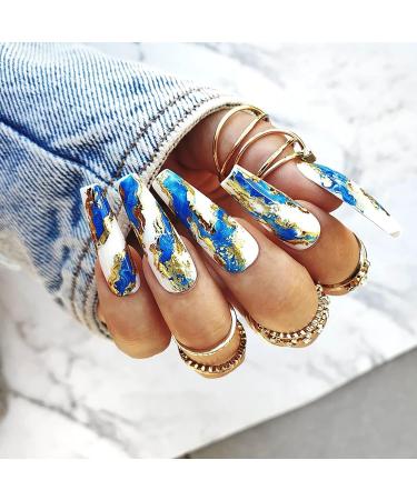 Artquee 24pcs Blue Press on Nails Long Ballerina - Glossy Acrylic Fake Nails with Gold Stroke Designs - Coffin False Tips for Women and Girls - Buy Online on GoSupps.com