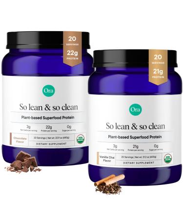 Ora Organic Vegan Protein Powder Vanilla Chai & Chocolate Bundle: 21g Plant Based Protein Powder Vanilla Chai Flavor 20 Servings + 22g Plant Based Protein Chocolate Flavor 20 Servings