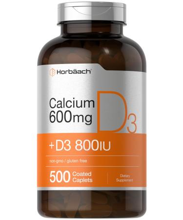 Horbaach Calcium Supplement for Women and Men | 600 mg | 500 Coated Caplets | with Vitamin D3 | Non-GMO & Gluten Free