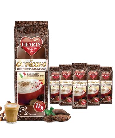 Hearts Cappuccino with a fine cocoa note, 5 x 1 kg instant coffee powder, intense aroma, milky, creamy, easily soluble, pack of 5, enough for 400 cups