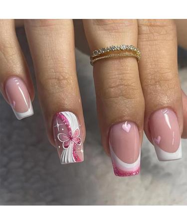 24 Pcs French False Nails - Pink French Press on Nails Short Square - Artificia Fake Nails with Butterfly & Heart Design - False Nails with Glue - Stick on Nails for Women and Girls Nail Art Rose Pink with Butterfly Design