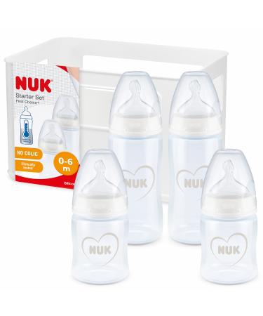 Nuk First Choice+ Baby bottles Starter Set |0 6 months |4 x baby bottle with temperature control & bottle box |Anti-colic valve |BPA-free |Gray & white |5-part