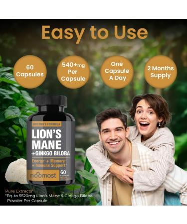 NooMost Lions Mane Supplement Organic Capsules - With Ginkgo Biloba - Cognitive Health Focus & Memory Support - Natural Superfood for Brain Energy & Immune Health - Non GMO- 60 Caps - 2 Month Supply 540 mg - Buy Online on GoSupps.com