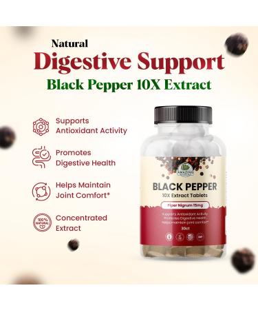 Black Pepper 10X Extract Tablets - Piper Nigrum, 15mg - 95% Piperine - Black Pepper Supplement Tablets - Natural Antioxidant Support - 30 Tablets - Buy Online on GoSupps.com
