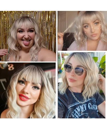 KEVVTY Ombre Blonde Wavy Bob Wig 14 Inch with Bangs - Realistic Medium Length Synthetic Cosplay Wig for Women - Buy Online on GoSupps.com