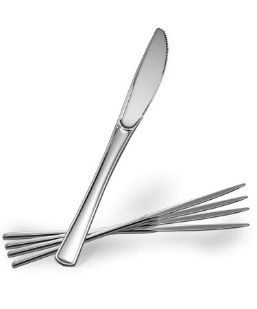 PLASTICPRO Disposable Heavy Duty Silver Plastic Knives Fancy Plastic Silverware Looks Like Real Silver Cutlery - Utensils Great for Catering Events Restaurants Parties and Weddings Pack of 40