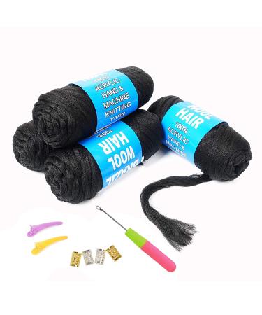 100% Brazilian Wool Hair Acrylic Yarn For African Braids/Senegalese Twist/Faux Locs/Wraps With Crochet Hook Natural Black(4pcs)