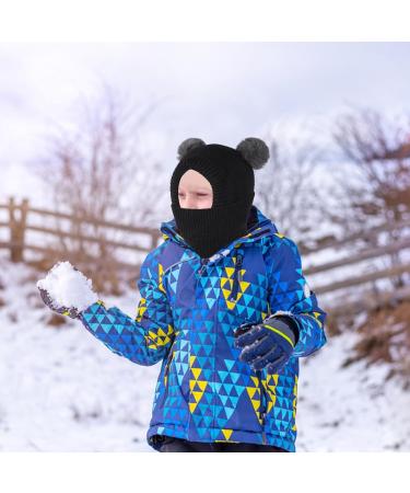 Fadcaer Winter Kids Hooded Scarf Set with Double Pom Pom | Warm Knitted Baby Balaclava for Boys and Girls | Fleece Lined Earflap Beanies for 2-5 Years Old | Black - Buy Online on GoSupps.com