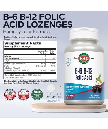 KAL Vitamin B-6 B-12 Folic Acid Supplement | Healthy Energy, Heart & Blood Cell Support | Cherry Lozenges - 60 Servings - Buy Online on GoSupps.com