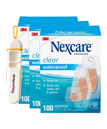 Waterproof Assorted Bandages 100 Pack - Clear Wound Covering Film | Bundled with Beyondeals Portable Pills Box - Flexible & Breathable Waterproof Clear Bandages for Sports Pack of 3