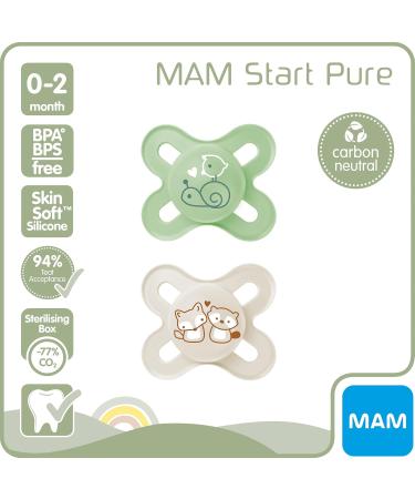 MAM Start Pure Schnuller 0-2 Months - Eco-Friendly Baby Pacifier Set (2) | Skinsoft Silicone & Case | Cream/Green - Buy Online on GoSupps.com