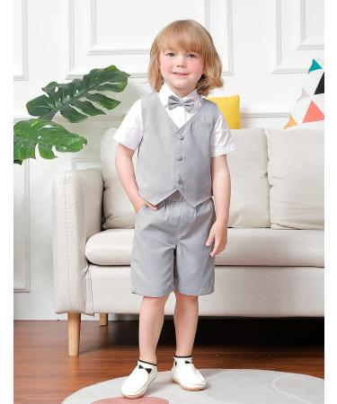 Mint Green Baby Boys Gentleman Suit Set - Shirt, Bowtie, Waistcoat & Shorts | Light Grey | Size 3-4 Years - Buy Online on GoSupps.com